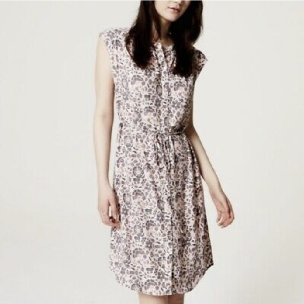LOFT | Floral Shirtdress, Button Down Tie Waist Cap Sleeve, Pink & Blue - Picture 1 of 14